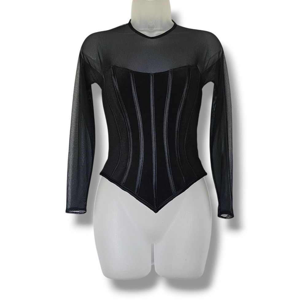 Cache Corset Black Mesh Long Sleeve Sheer Boning Avant Garde Chic Goth Coquette